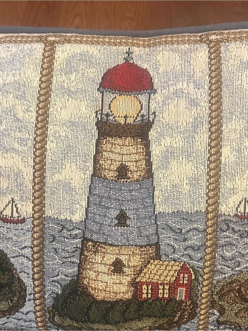 Vintage 80's Lighthouse Woven Tapestry Blanket 44x56 & Pillow Set Coastal